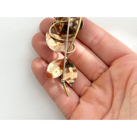 Rose & Yellow Gold Toned Floral Blooming Flower Floral Victorian Vintage Brooch - Picture 7 of 9